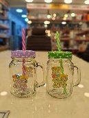 كوب زجاجي بيد و عطاء الوان 450 ملي